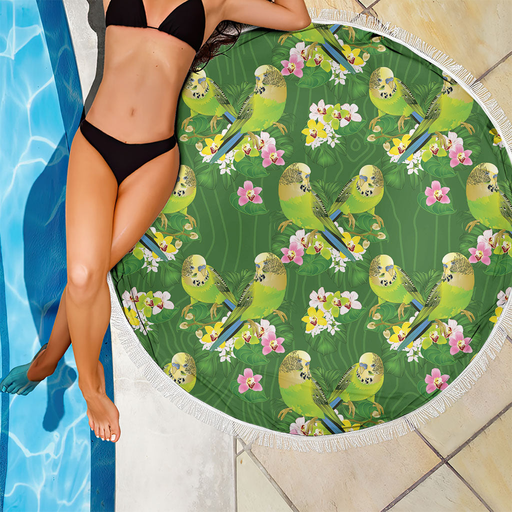 Australia Budgerigars Parakeets Beach Blanket Green And Yellow Bird Seamless Orchids Flowers