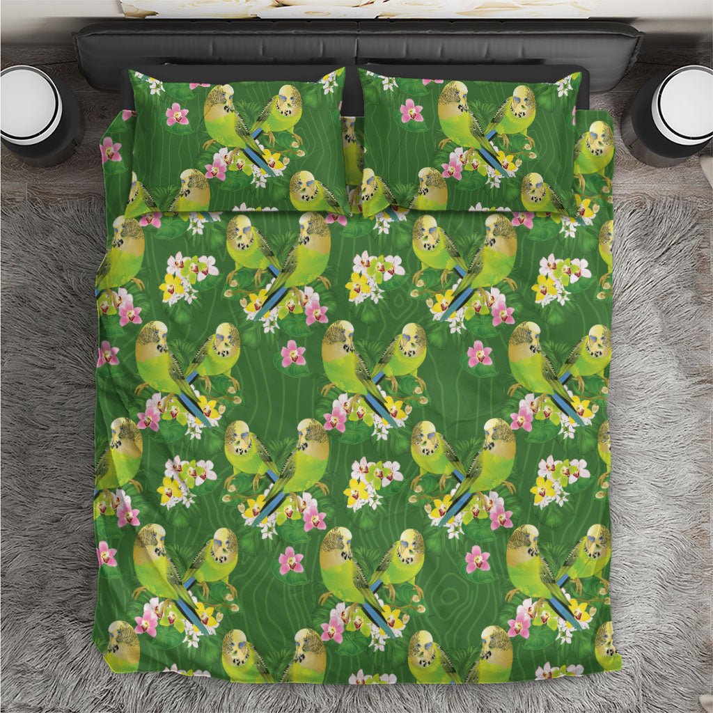 Australia Budgerigars Parakeets Bedding Set Green And Yellow Bird Seamless Orchids Flowers