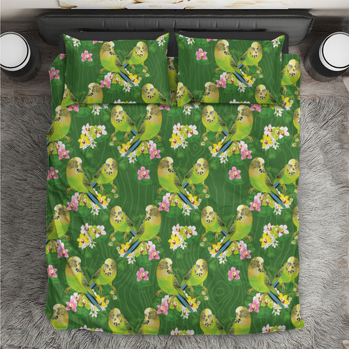 Australia Budgerigars Parakeets Bedding Set Green And Yellow Bird Seamless Orchids Flowers