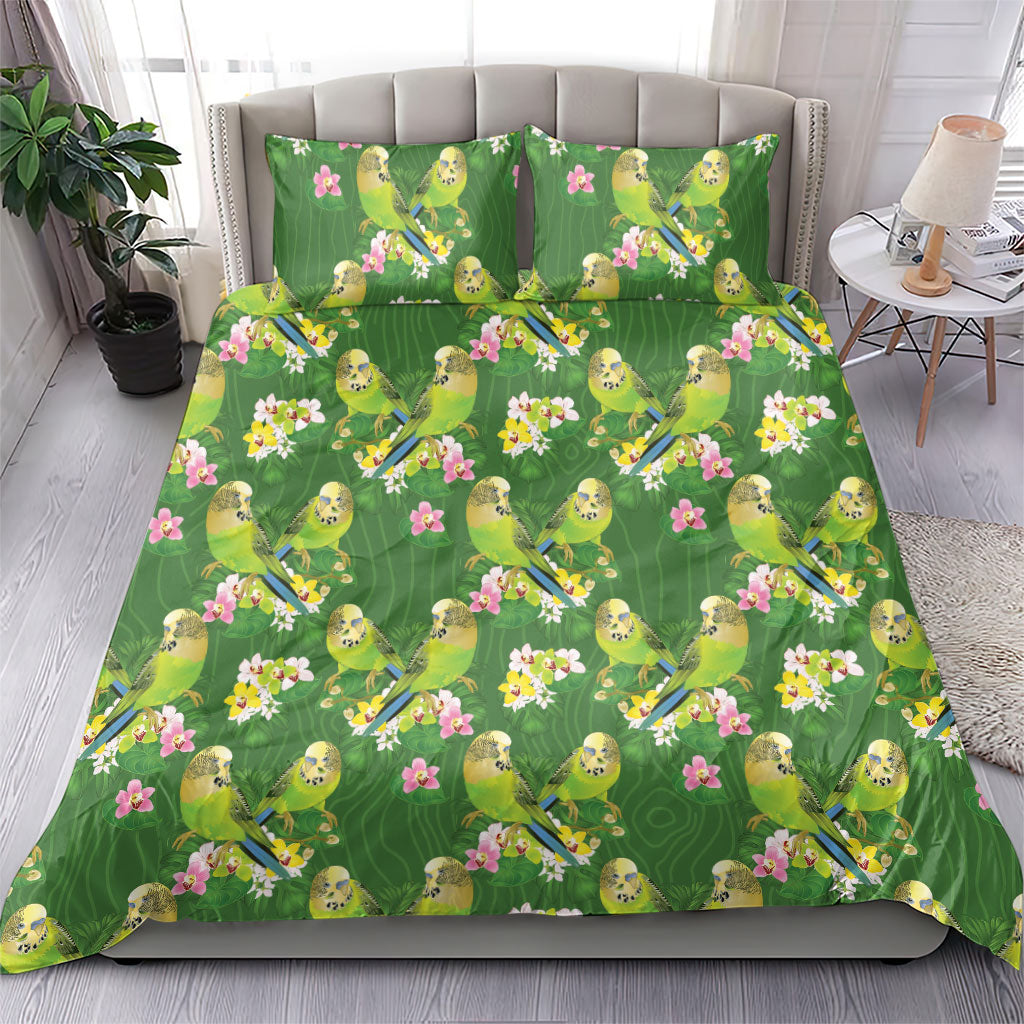 Australia Budgerigars Parakeets Bedding Set Green And Yellow Bird Seamless Orchids Flowers