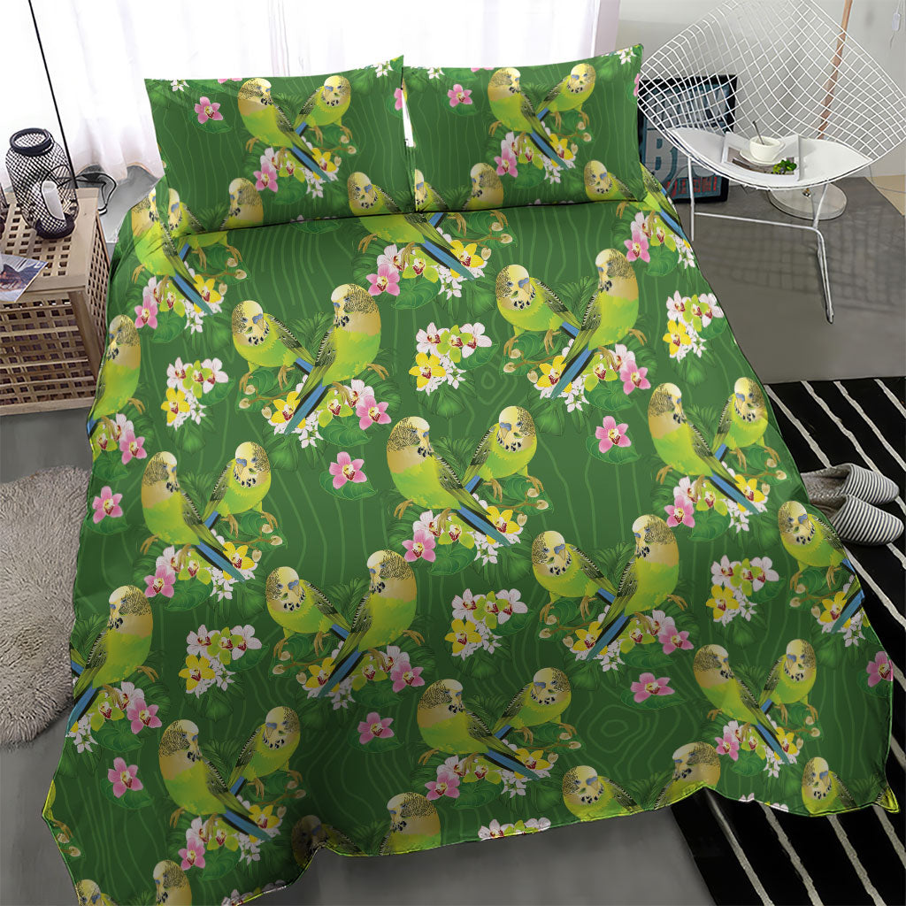 Australia Budgerigars Parakeets Bedding Set Green And Yellow Bird Seamless Orchids Flowers