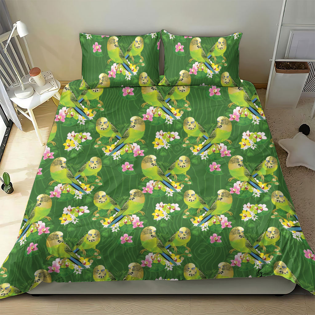 Australia Budgerigars Parakeets Bedding Set Green And Yellow Bird Seamless Orchids Flowers