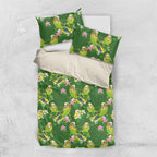 Australia Budgerigars Parakeets Bedding Set Green And Yellow Bird Seamless Orchids Flowers