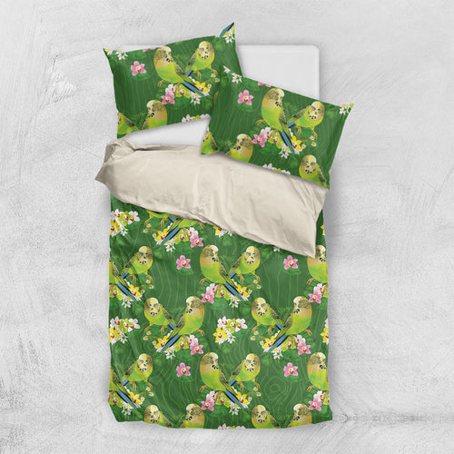 Australia Budgerigars Parakeets Bedding Set Green And Yellow Bird Seamless Orchids Flowers