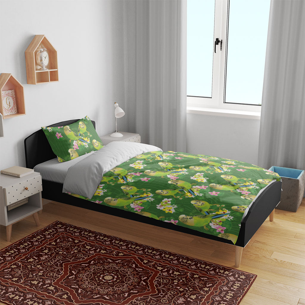 Australia Budgerigars Parakeets Bedding Set Green And Yellow Bird Seamless Orchids Flowers