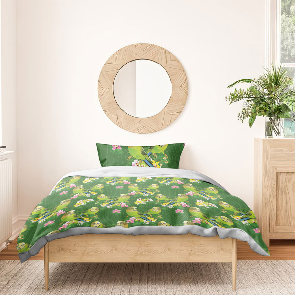 Australia Budgerigars Parakeets Bedding Set Green And Yellow Bird Seamless Orchids Flowers