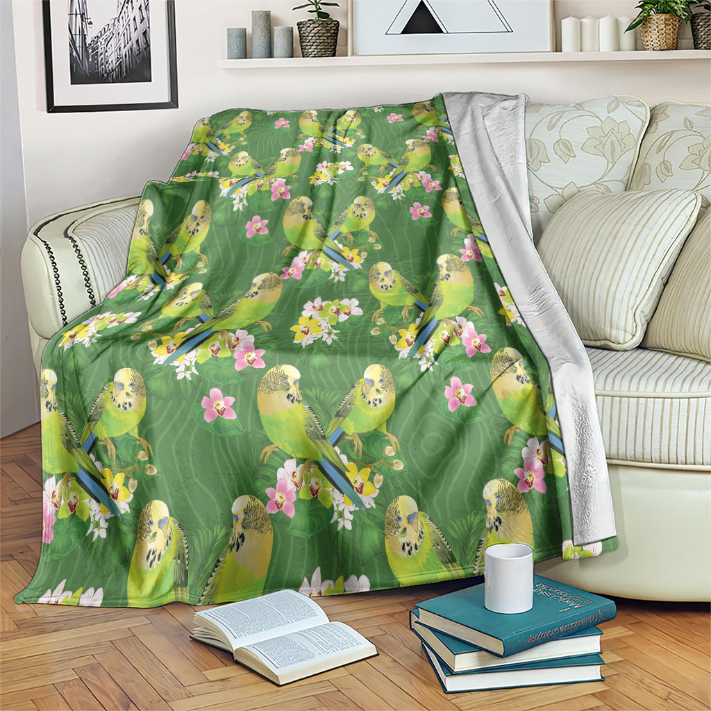 Australia Budgerigars Parakeets Blanket Green And Yellow Bird Seamless Orchids Flowers