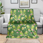 Australia Budgerigars Parakeets Blanket Green And Yellow Bird Seamless Orchids Flowers