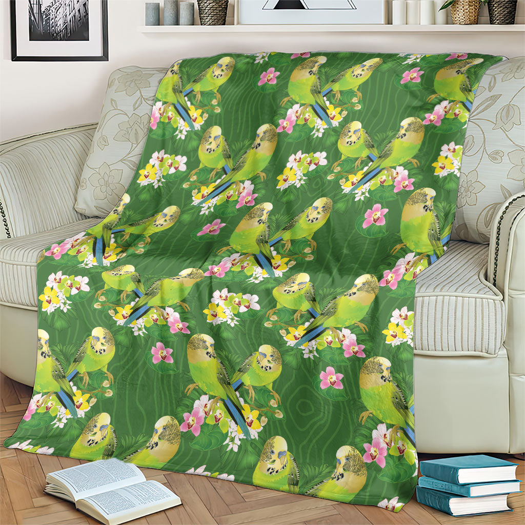 Australia Budgerigars Parakeets Blanket Green And Yellow Bird Seamless Orchids Flowers