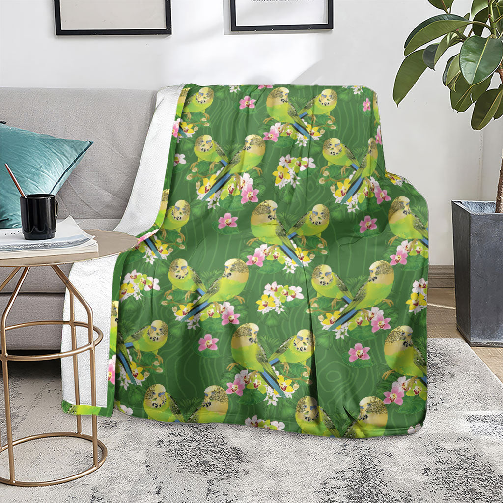 Australia Budgerigars Parakeets Blanket Green And Yellow Bird Seamless Orchids Flowers