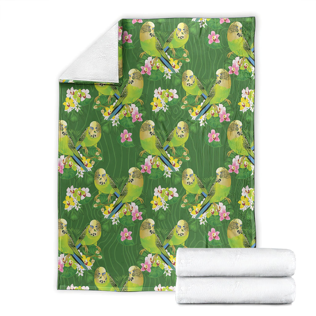 Australia Budgerigars Parakeets Blanket Green And Yellow Bird Seamless Orchids Flowers