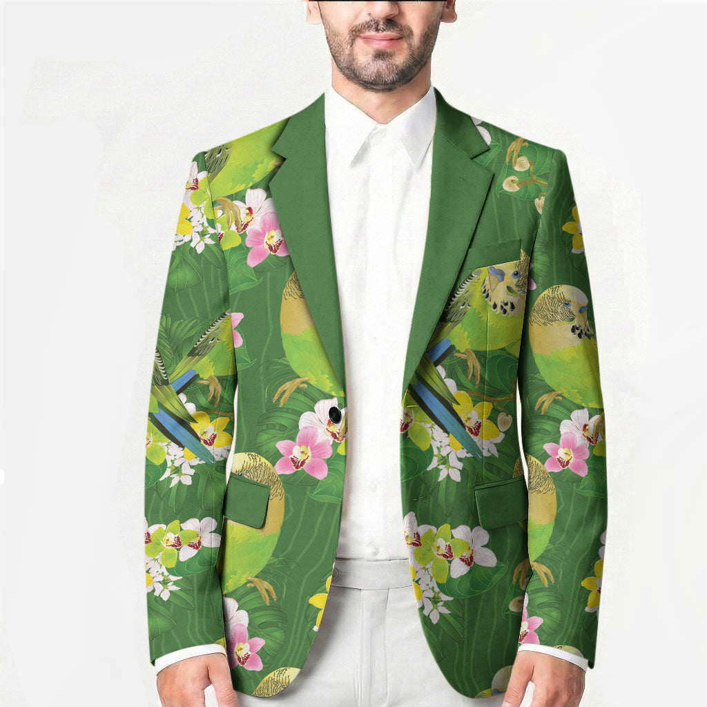 Australia Budgerigars Parakeets Blazer Green And Yellow Bird Seamless Orchids Flowers