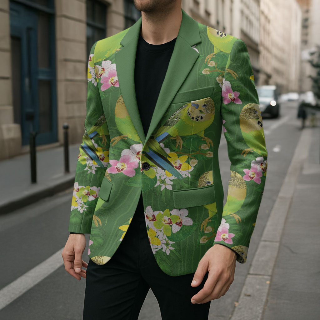 Australia Budgerigars Parakeets Blazer Green And Yellow Bird Seamless Orchids Flowers