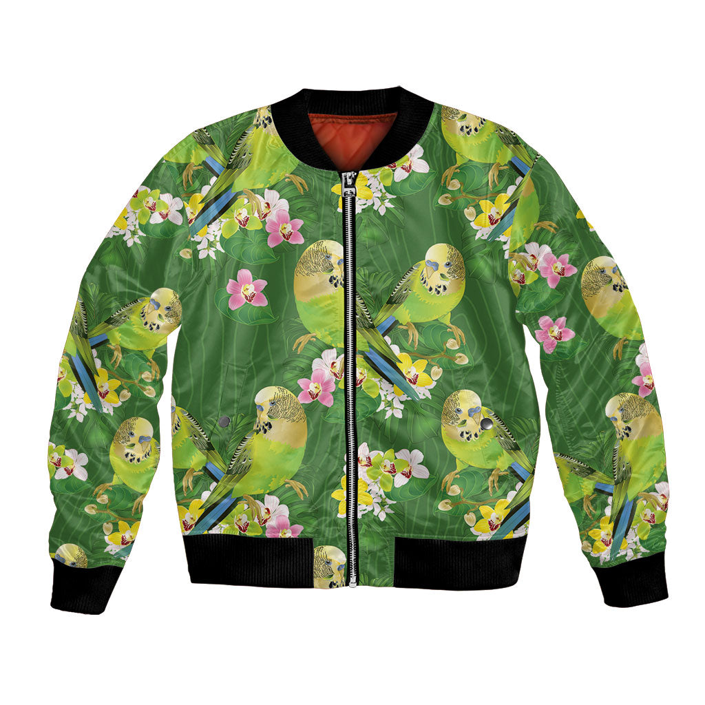 Australia Budgerigars Parakeets Bomber Jacket Green And Yellow Bird Seamless Orchids Flowers
