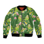Australia Budgerigars Parakeets Bomber Jacket Green And Yellow Bird Seamless Orchids Flowers