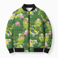 Australia Budgerigars Parakeets Bomber Puffer Jacket Green And Yellow Bird Seamless Orchids Flowers