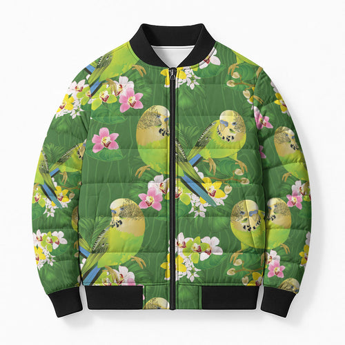 Australia Budgerigars Parakeets Bomber Puffer Jacket Green And Yellow Bird Seamless Orchids Flowers