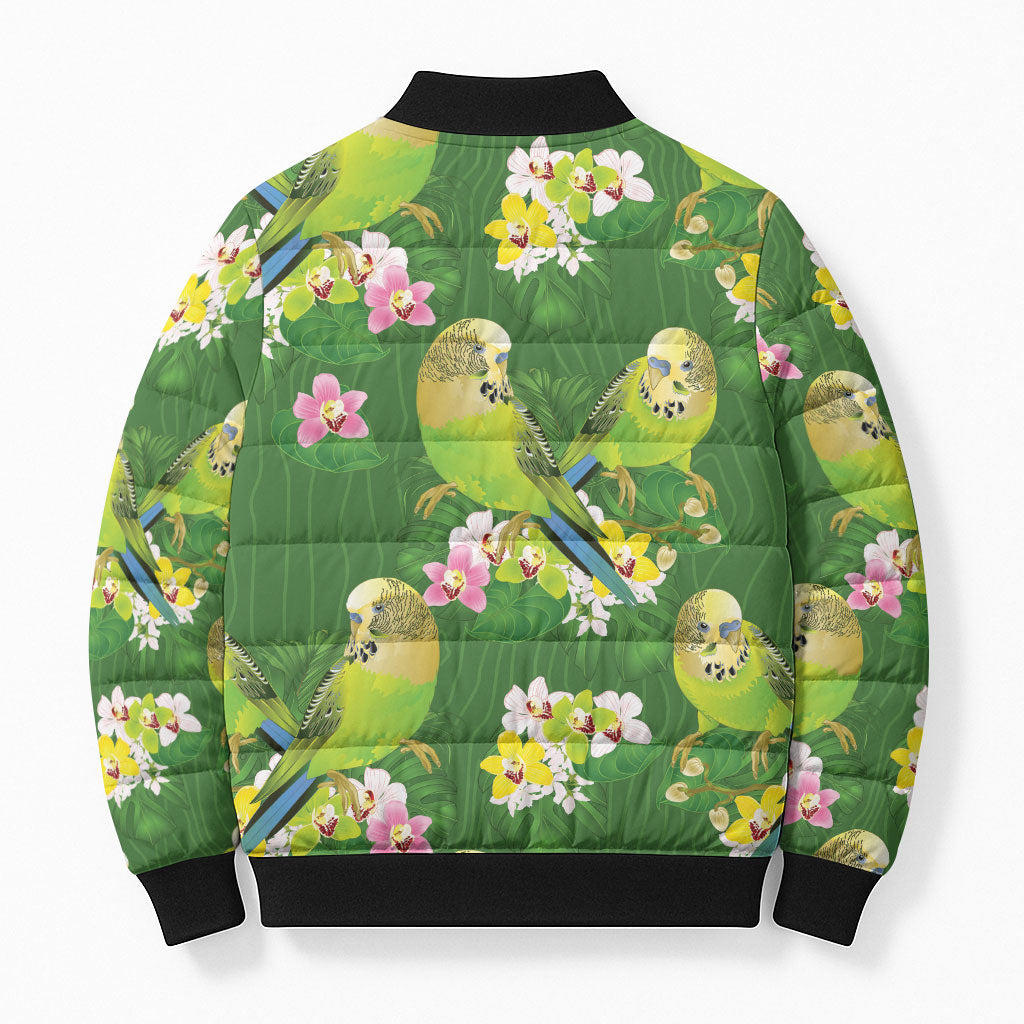 Australia Budgerigars Parakeets Bomber Puffer Jacket Green And Yellow Bird Seamless Orchids Flowers