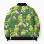 Australia Budgerigars Parakeets Bomber Puffer Jacket Green And Yellow Bird Seamless Orchids Flowers