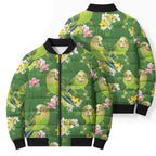 Australia Budgerigars Parakeets Bomber Puffer Jacket Green And Yellow Bird Seamless Orchids Flowers