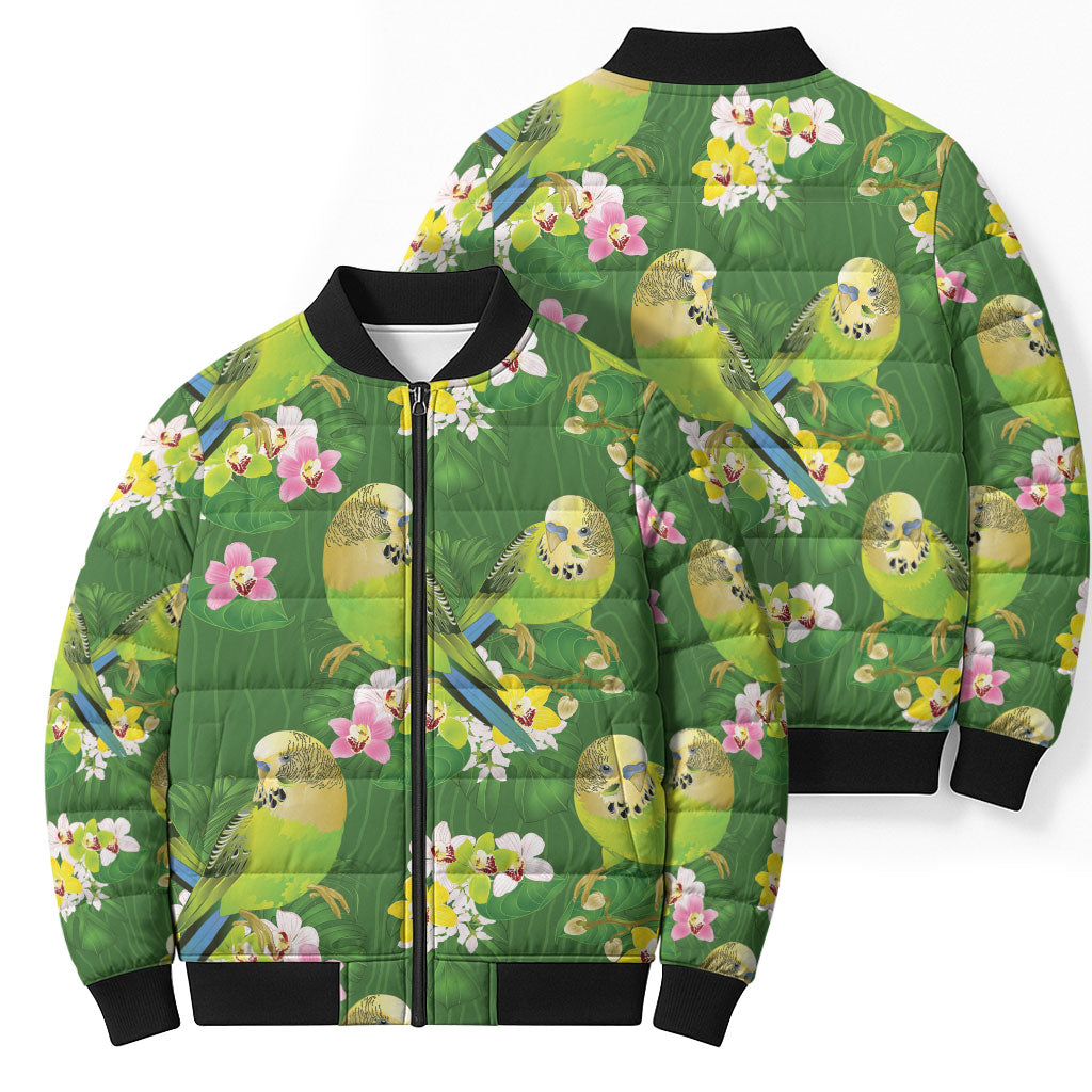 Australia Budgerigars Parakeets Bomber Puffer Jacket Green And Yellow Bird Seamless Orchids Flowers