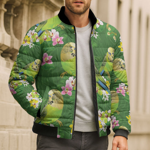 Australia Budgerigars Parakeets Bomber Puffer Jacket Green And Yellow Bird Seamless Orchids Flowers