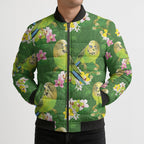 Australia Budgerigars Parakeets Bomber Puffer Jacket Green And Yellow Bird Seamless Orchids Flowers