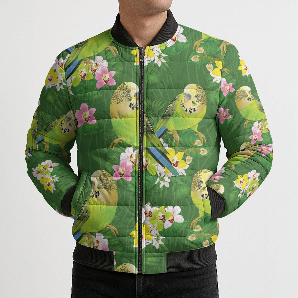 Australia Budgerigars Parakeets Bomber Puffer Jacket Green And Yellow Bird Seamless Orchids Flowers