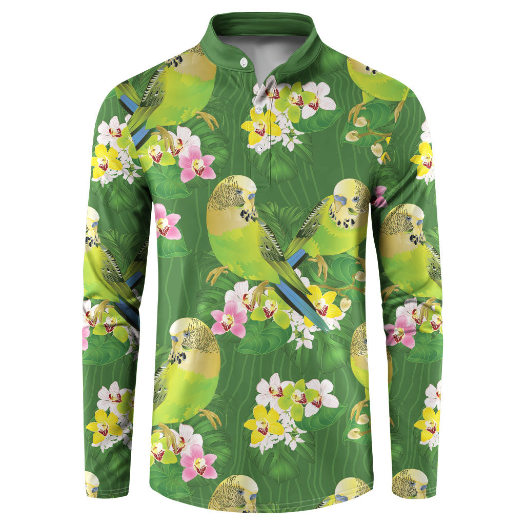 Australia Budgerigars Parakeets Button Sweatshirt Green And Yellow Bird Seamless Orchids Flowers