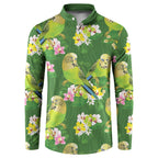 Australia Budgerigars Parakeets Button Sweatshirt Green And Yellow Bird Seamless Orchids Flowers