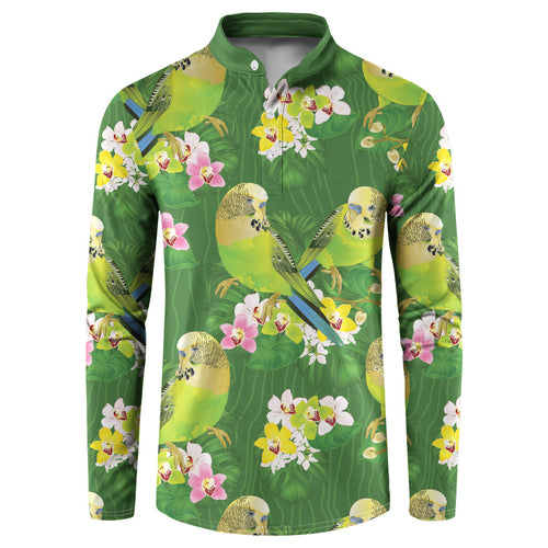 Australia Budgerigars Parakeets Button Sweatshirt Green And Yellow Bird Seamless Orchids Flowers