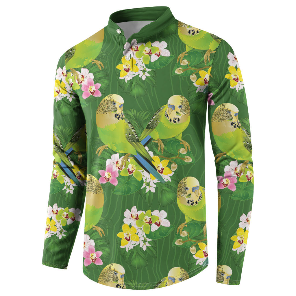 Australia Budgerigars Parakeets Button Sweatshirt Green And Yellow Bird Seamless Orchids Flowers