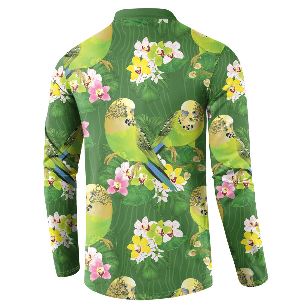 Australia Budgerigars Parakeets Button Sweatshirt Green And Yellow Bird Seamless Orchids Flowers