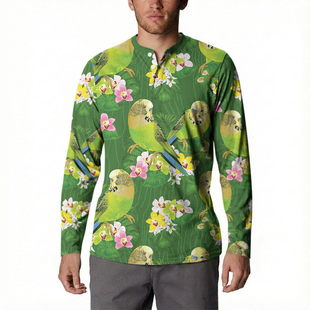 Australia Budgerigars Parakeets Button Sweatshirt Green And Yellow Bird Seamless Orchids Flowers