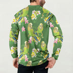 Australia Budgerigars Parakeets Button Sweatshirt Green And Yellow Bird Seamless Orchids Flowers