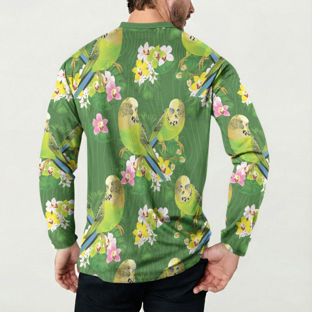 Australia Budgerigars Parakeets Button Sweatshirt Green And Yellow Bird Seamless Orchids Flowers