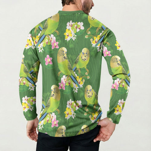 Australia Budgerigars Parakeets Button Sweatshirt Green And Yellow Bird Seamless Orchids Flowers