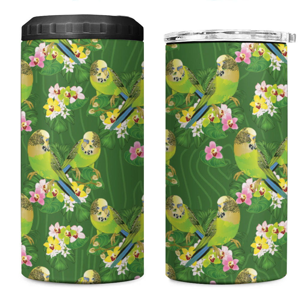 Australia Budgerigars Parakeets 4 in 1 Can Cooler Tumbler Green And Yellow Bird Seamless Orchids Flowers