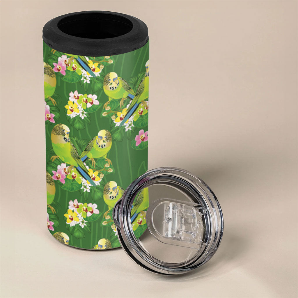 Australia Budgerigars Parakeets 4 in 1 Can Cooler Tumbler Green And Yellow Bird Seamless Orchids Flowers