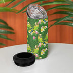 Australia Budgerigars Parakeets 4 in 1 Can Cooler Tumbler Green And Yellow Bird Seamless Orchids Flowers