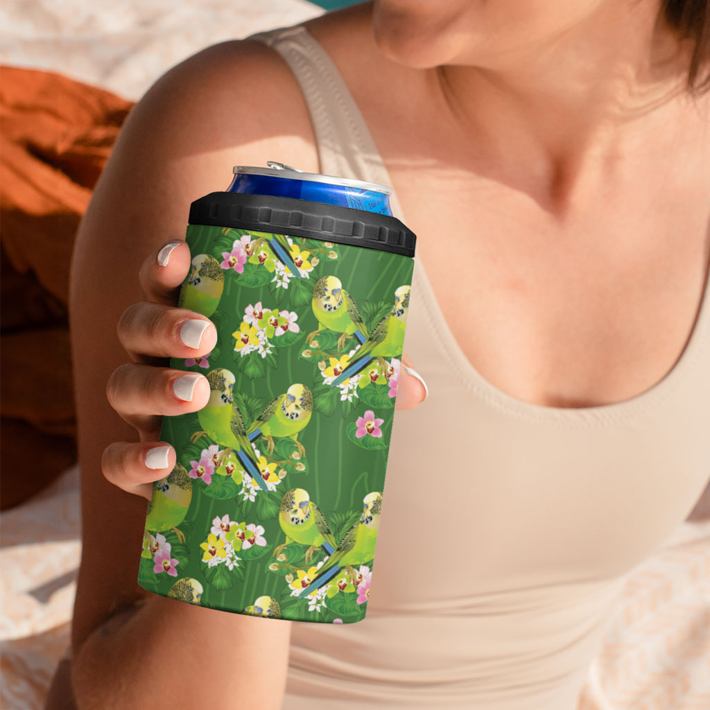 Australia Budgerigars Parakeets 4 in 1 Can Cooler Tumbler Green And Yellow Bird Seamless Orchids Flowers