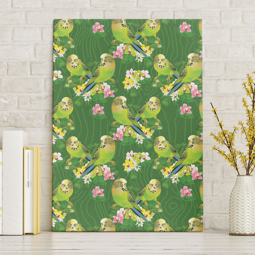 Australia Budgerigars Parakeets Canvas Wall Art Green And Yellow Bird Seamless Orchids Flowers