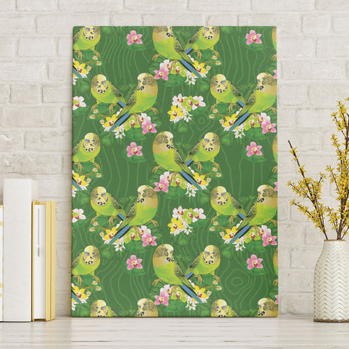 Australia Budgerigars Parakeets Canvas Wall Art Green And Yellow Bird Seamless Orchids Flowers