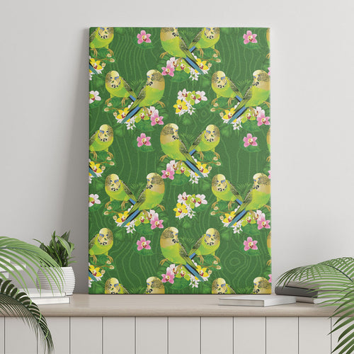 Australia Budgerigars Parakeets Canvas Wall Art Green And Yellow Bird Seamless Orchids Flowers