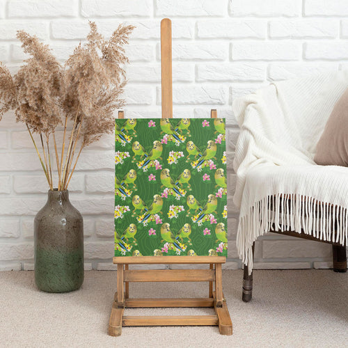 Australia Budgerigars Parakeets Canvas Wall Art Green And Yellow Bird Seamless Orchids Flowers