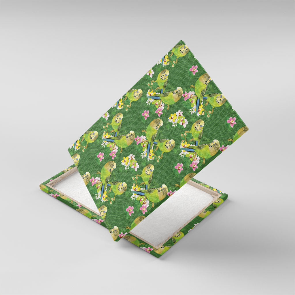 Australia Budgerigars Parakeets Canvas Wall Art Green And Yellow Bird Seamless Orchids Flowers
