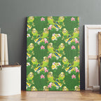 Australia Budgerigars Parakeets Canvas Wall Art Green And Yellow Bird Seamless Orchids Flowers