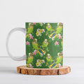 Australia Budgerigars Parakeets Ceramic Mug Green And Yellow Bird Seamless Orchids Flowers