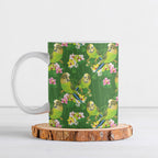 Australia Budgerigars Parakeets Ceramic Mug Green And Yellow Bird Seamless Orchids Flowers