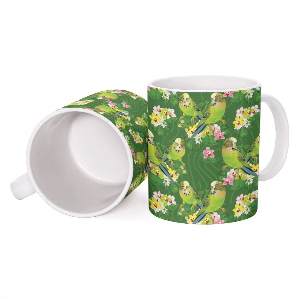 Australia Budgerigars Parakeets Ceramic Mug Green And Yellow Bird Seamless Orchids Flowers